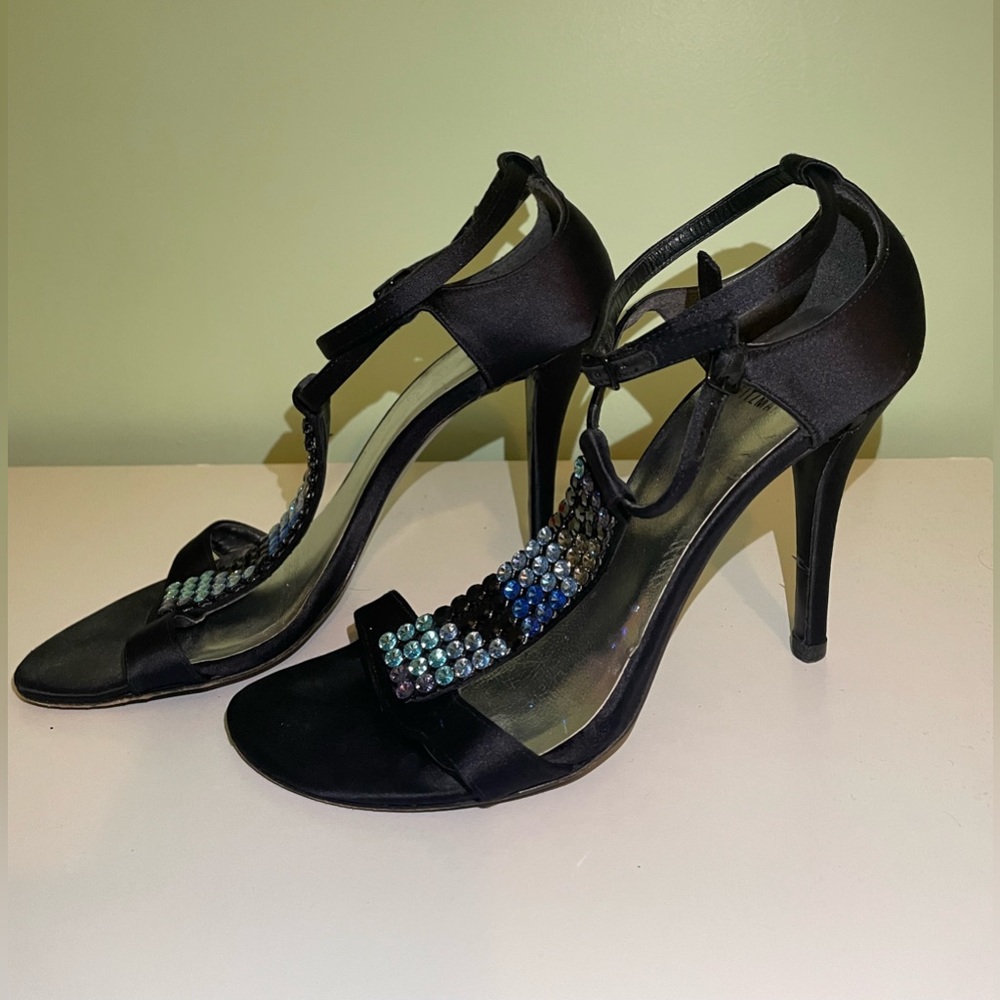 Stuart Weitzman 7.5 black satin heel with blue stones - Picture 2 of 6